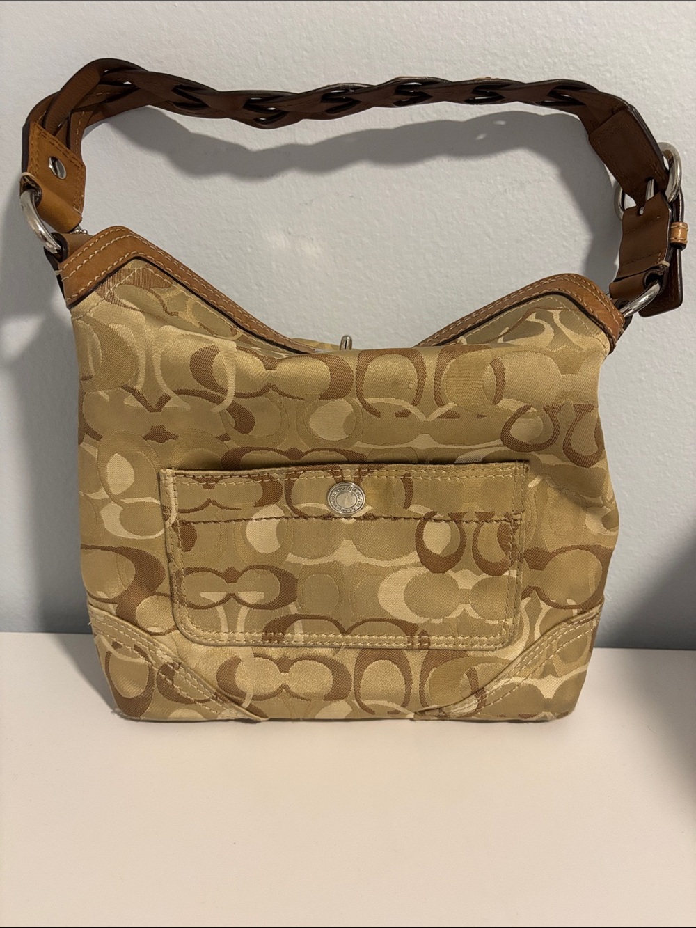 Vintage Coach Chelsea Hobo Beige & Tan Signature Shoulder Bag
